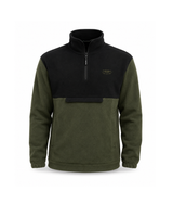 Two-tone green and black pullover with a brand logo on a white background