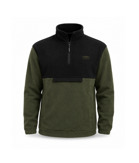 Two-tone green and black pullover with a brand logo on a white background
