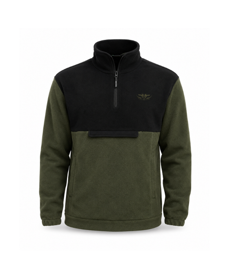 Two-tone green and black pullover with a brand logo on a white background