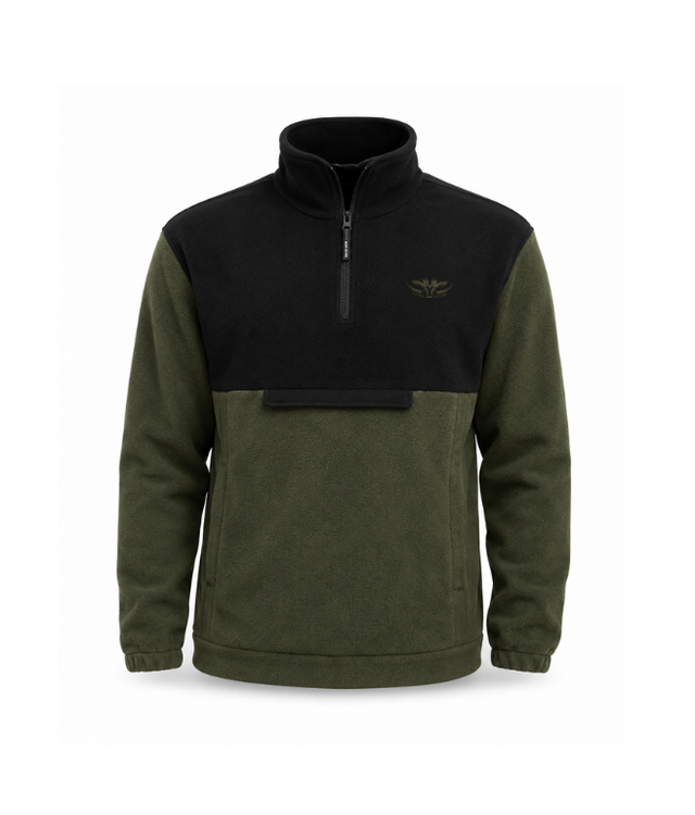 Two-tone green and black pullover with a brand logo on a white background