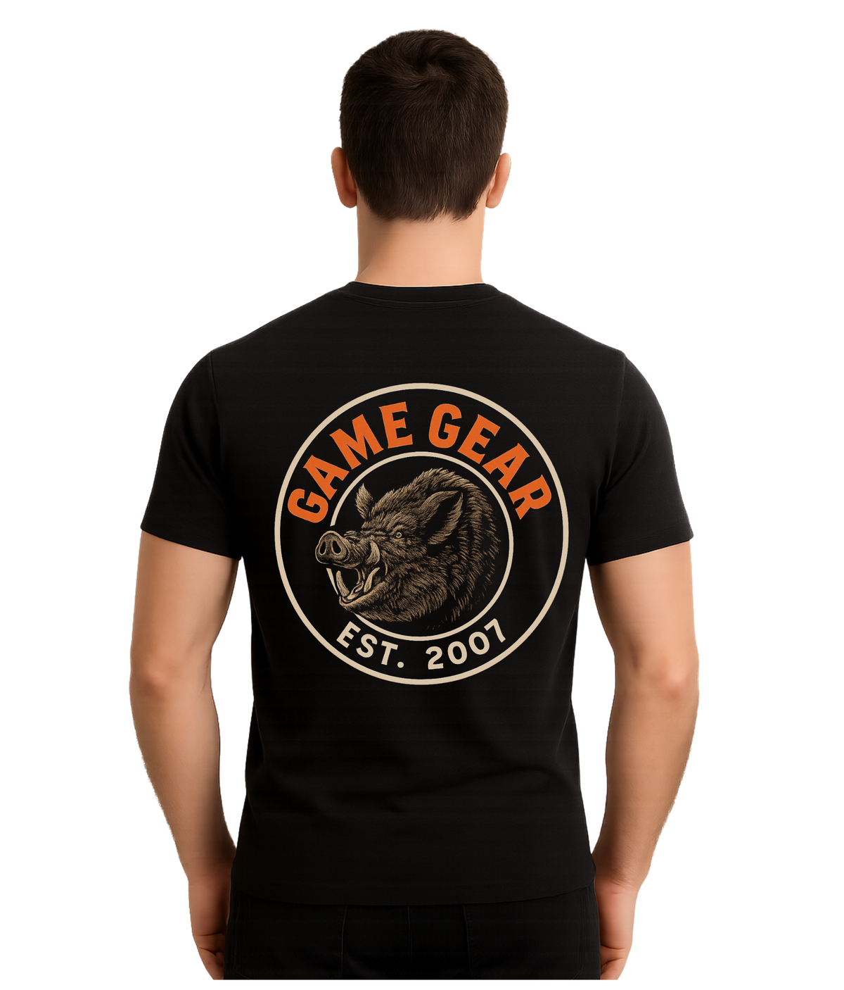 Person wearing a black t-shirt with 'Game Gear' logo on the back