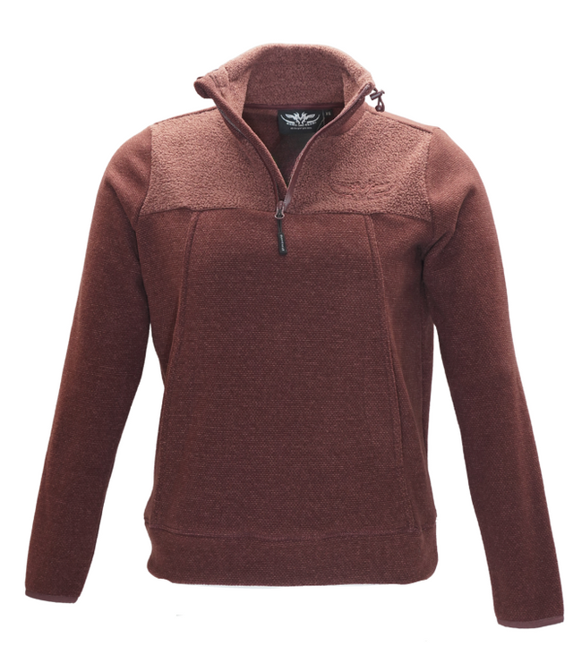 A ladies' half zip pullover sweatshirt with pockets and a logo on the chest.